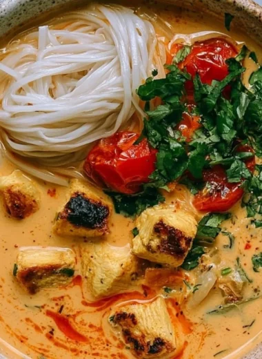 Bowl of Simple Thai Chicken Soup with herbs and spices