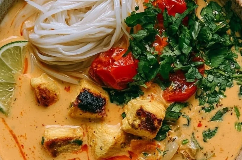 Bowl of Simple Thai Chicken Soup with herbs and spices