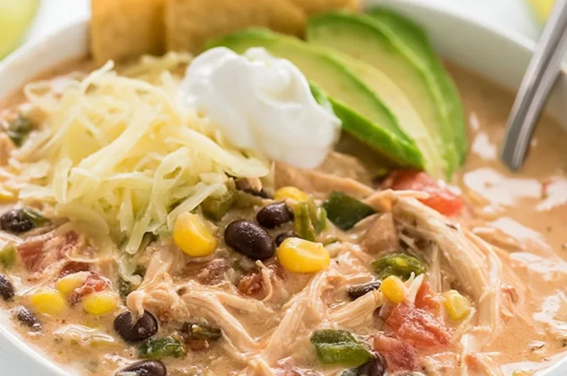 Creamy shredded chicken in a slow cooker with Tex Mex spices