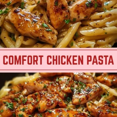 Plate of sticky smoky garlic butter chicken pasta garnished with herbs