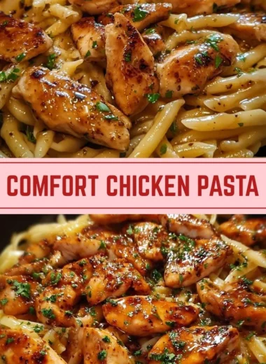 Plate of sticky smoky garlic butter chicken pasta garnished with herbs
