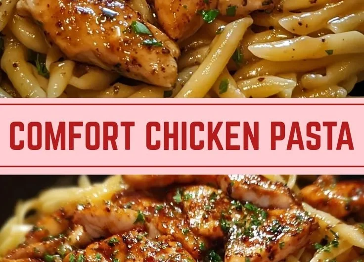 Plate of sticky smoky garlic butter chicken pasta garnished with herbs