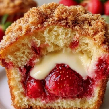 Freshly baked strawberry muffins with cream cheese filling on a wooden table.