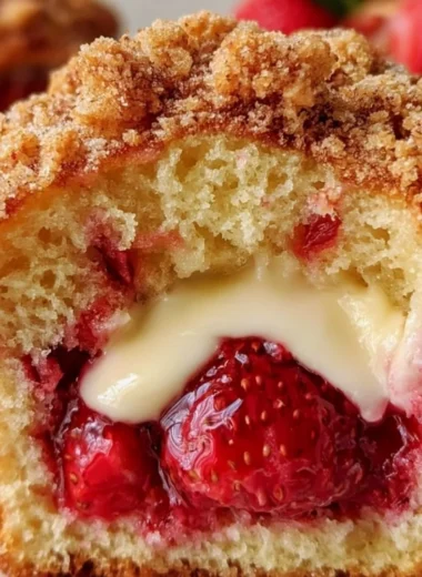 Freshly baked strawberry muffins with cream cheese filling on a wooden table.