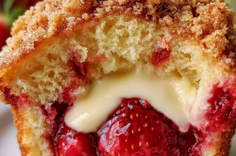 Freshly baked strawberry muffins with cream cheese filling on a wooden table.