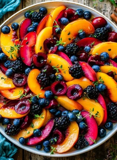 Colorful summer fruit salad with various fresh fruits in a bowl