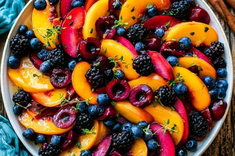 Colorful summer fruit salad with various fresh fruits in a bowl