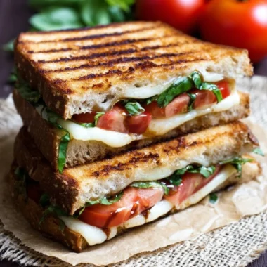 Toasted Caprese sandwich with mozzarella, tomatoes, and basil on crusty bread.