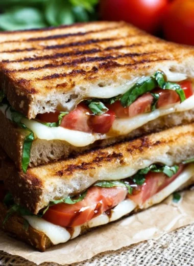 Toasted Caprese sandwich with mozzarella, tomatoes, and basil on crusty bread.