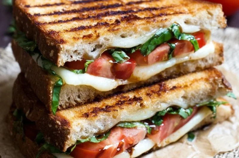 Toasted Caprese sandwich with mozzarella, tomatoes, and basil on crusty bread.