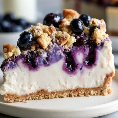 Vegan blueberry crumble cheesecake topped with a crunchy sprinkle.