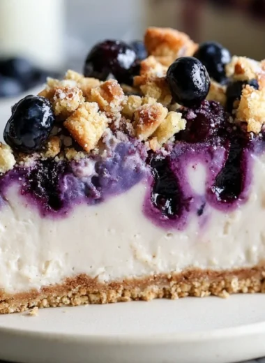 Vegan blueberry crumble cheesecake topped with a crunchy sprinkle.