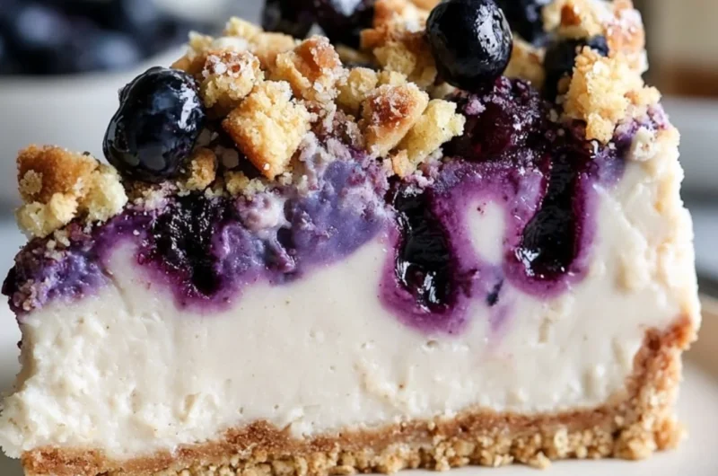 Vegan blueberry crumble cheesecake topped with a crunchy sprinkle.