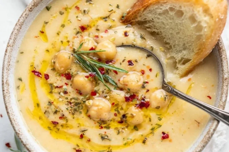 Vegan garlic chickpea soup garnished with herbs in a bowl