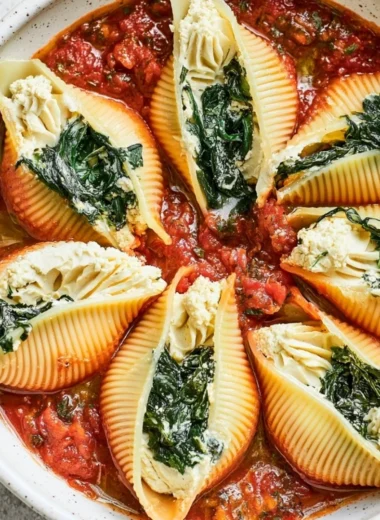 Vegan stuffed shells filled with savory plant-based ingredients on a plate.