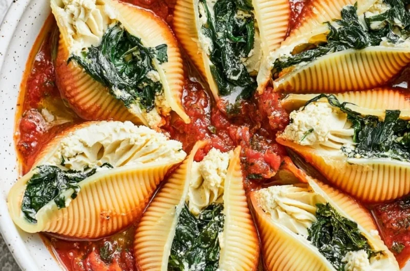Vegan stuffed shells filled with savory plant-based ingredients on a plate.