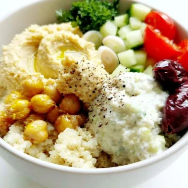 Colorful 5-Minute Mediterranean Bowl filled with fresh vegetables and grains