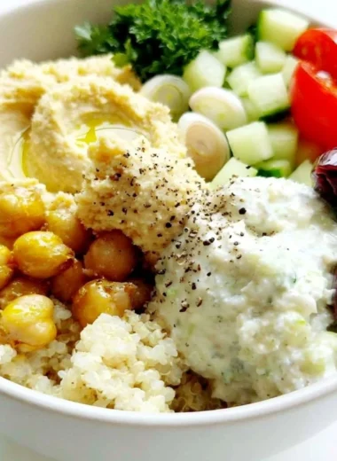 Colorful 5-Minute Mediterranean Bowl filled with fresh vegetables and grains