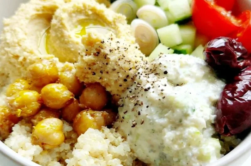 Colorful 5-Minute Mediterranean Bowl filled with fresh vegetables and grains