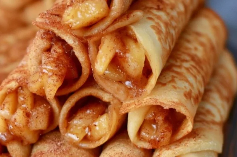 Delicious Apple Cinnamon Crepes filled with sweet apple filling and sprinkled with cinnamon