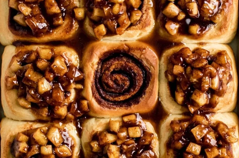 Delicious apple pie cinnamon rolls topped with icing and cinnamon.