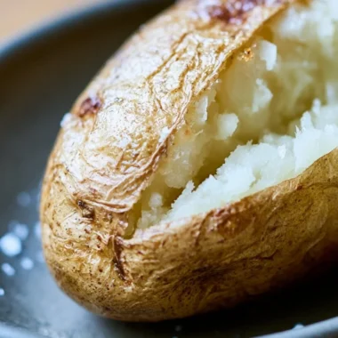 Delicious baked potatoes with various toppings on a wooden table