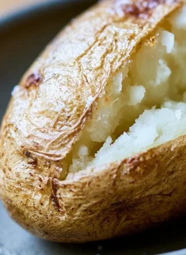 Delicious baked potatoes with various toppings on a wooden table