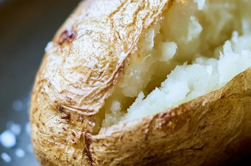 Delicious baked potatoes with various toppings on a wooden table