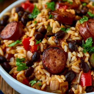 Plate of black beans and rice with sausage garnished with herbs