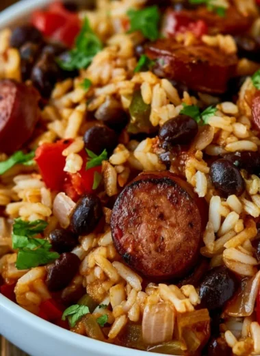 Plate of black beans and rice with sausage garnished with herbs