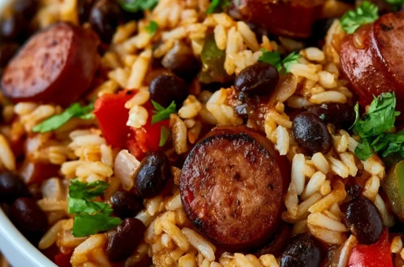 Plate of black beans and rice with sausage garnished with herbs