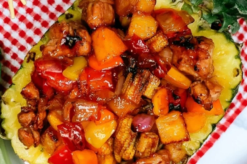 Grilled Blackstone Pineapple Chicken served with fresh pineapple slices.