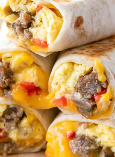 Delicious homemade breakfast burritos filled with eggs, cheese, and veggies.