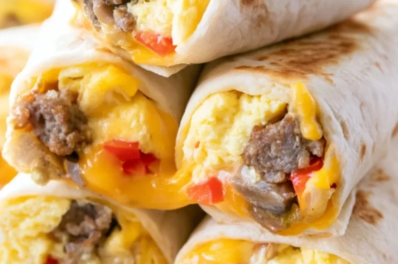 Delicious homemade breakfast burritos filled with eggs, cheese, and veggies.