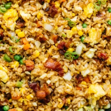 Plate of flavorful Breakfast Fried Rice with vegetables and eggs
