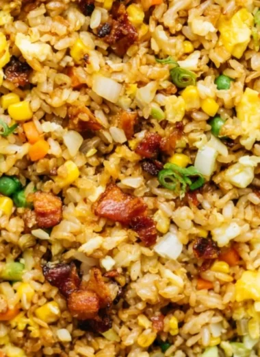 Plate of flavorful Breakfast Fried Rice with vegetables and eggs