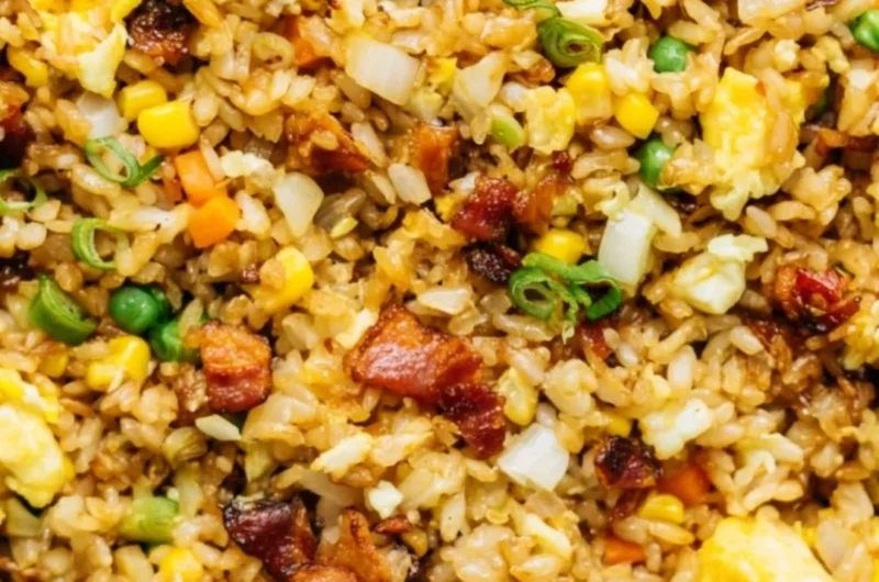 Plate of flavorful Breakfast Fried Rice with vegetables and eggs