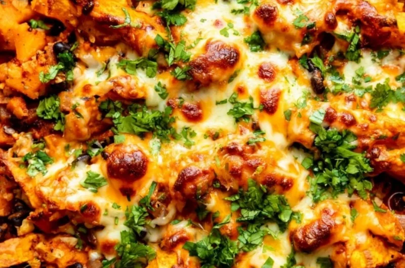 Delicious butternut squash enchiladas skillet with black beans and toppings