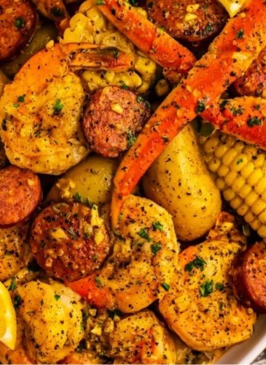 Delicious Cajun seafood boil with shrimp, crab, and spices in a vibrant pot.