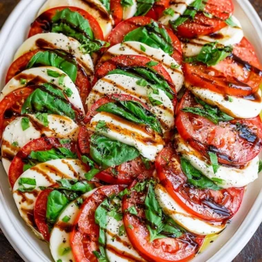 Fresh Caprese Salad with tomatoes, mozzarella, and basil drizzled with balsamic