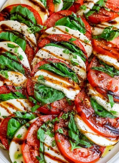 Fresh Caprese Salad with tomatoes, mozzarella, and basil drizzled with balsamic