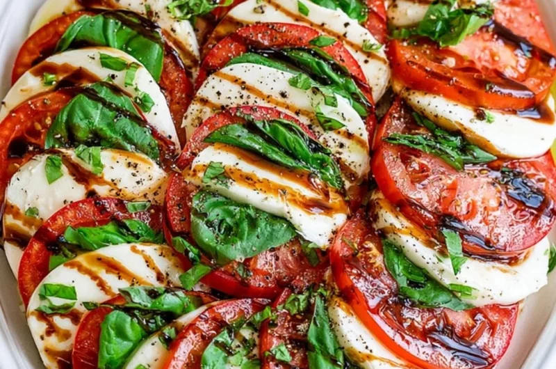 Fresh Caprese Salad with tomatoes, mozzarella, and basil drizzled with balsamic