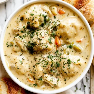 Bowl of savory Chicken Dumpling Soup with dumplings and vegetables