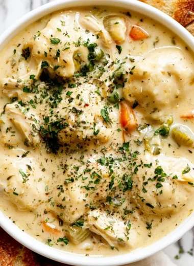 Bowl of savory Chicken Dumpling Soup with dumplings and vegetables