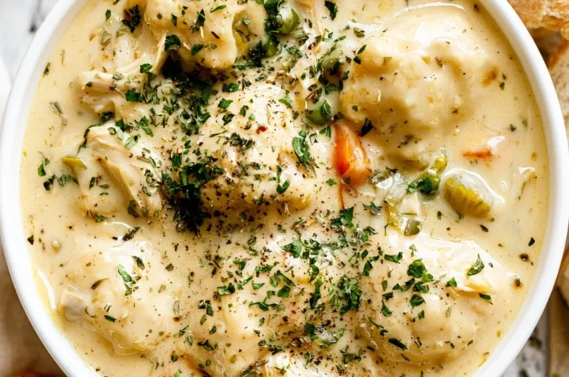 Bowl of savory Chicken Dumpling Soup with dumplings and vegetables