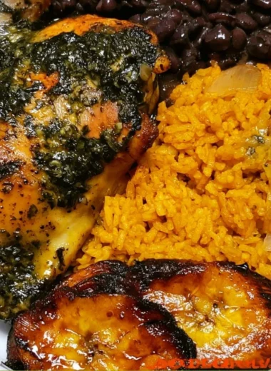 Delicious Chicken Yellow Rice with Black Beans served on a plate