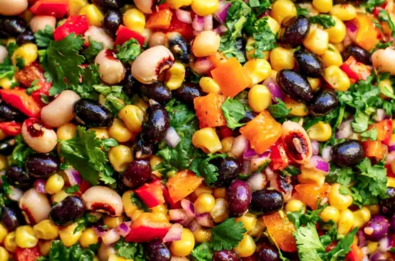 Colorful bowl of cowboy caviar salad with beans, tomatoes, and spices.