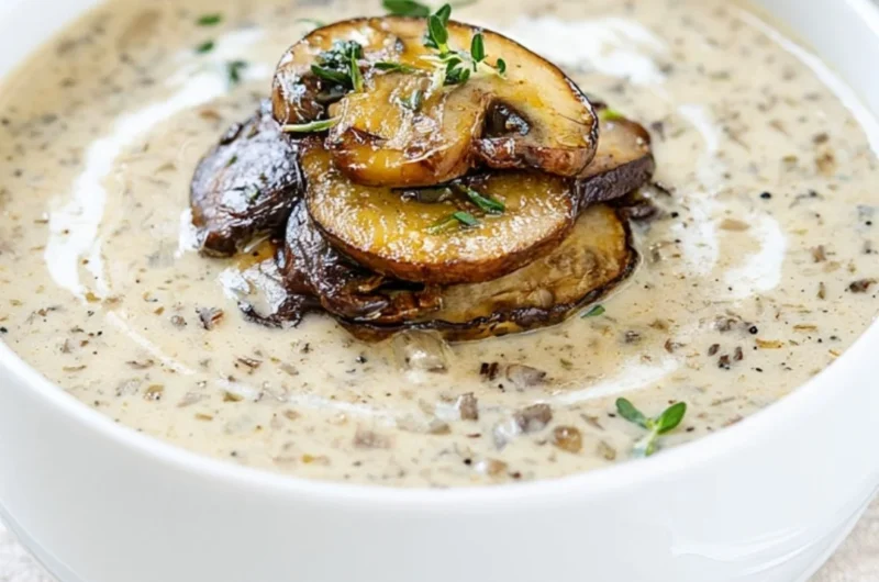 Bowl of creamy mushroom soup garnished with fresh herbs