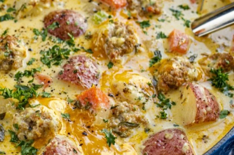 Bowl of creamy sausage potato soup with fresh herbs on top