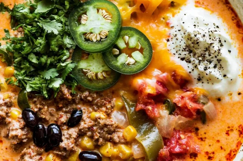 Bowl of creamy taco soup with toppings like cheese and avocado